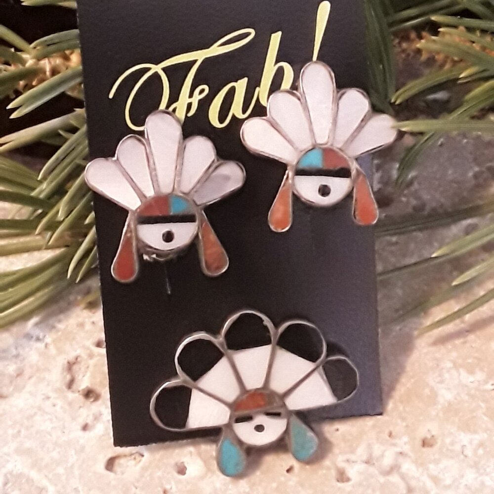MId Century Native American Zuni Inlay Sterling Sun Face CLIP Earrings & Pin Set